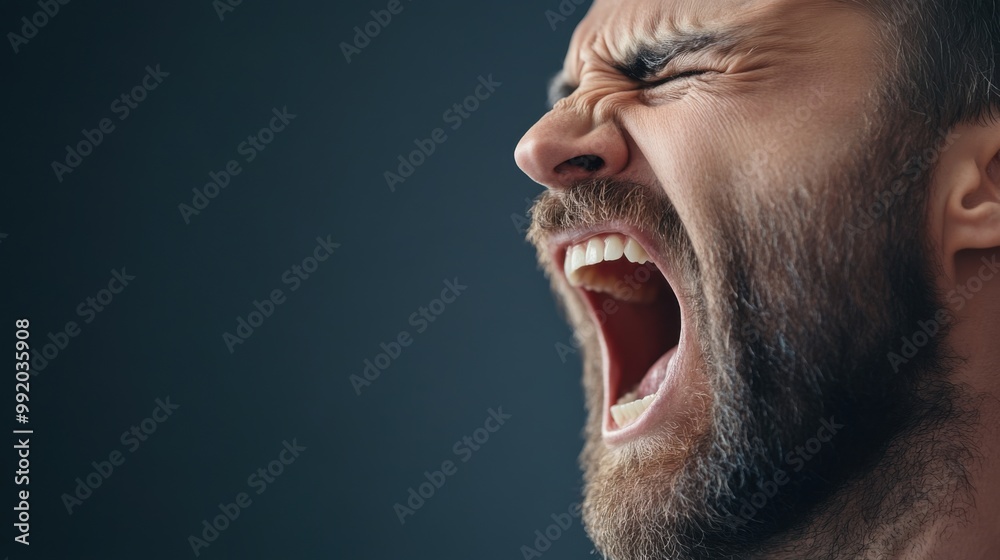 Intense Man with Beard Yelling in Dramatic Close-Up Intense Man with Beard Yelling in Dramatic Close-Up