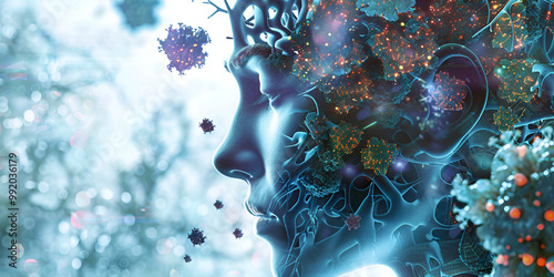 Human Face Merging with Nature and Virus, Virus attack on human face, viral infections cause spots, bumps or blotches on your skin that accompany a viral infection