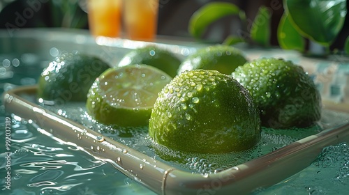 Spanish lime placed bright floatable tray gently drifting luxury pool surrounded crystalclear water tropical drink softly blurred background evoking luxurious resort feel Scientific name Melicoccus photo