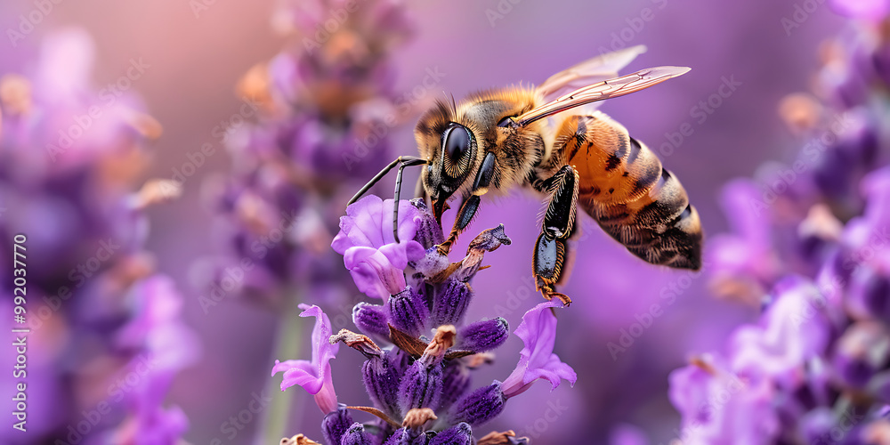 Honey Bee Sitting on a Purple Lavender Flower: Capturing the Delicate Beauty of Nature and the Essential Role of Pollinators in Our Ecosystem Honey Bee Sitting on a Purple Lavender Flower: Capturing the Delicate Beauty of Nature and the Essential Role of Pollinators in Our Ecosystem