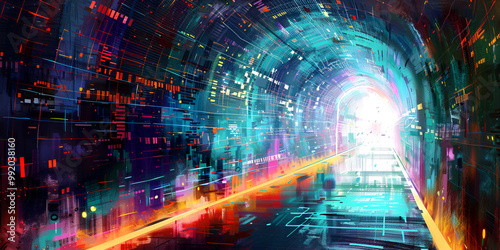 Futuristic Tunnel with Glowing Neon Lights, A wormhole is like a tunnel  in our universe that cuts the travel time from one point to the other.