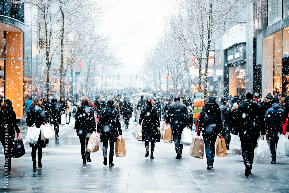 Obraz premium Crowded holiday shopping scene in a snowy city street