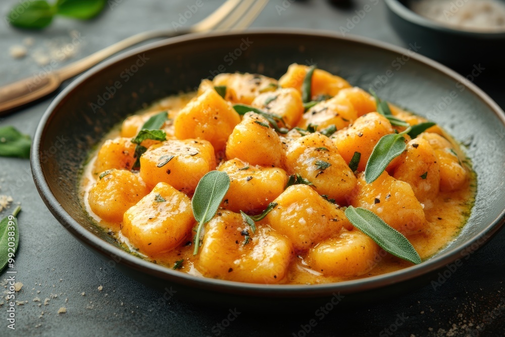 concept banner featuring pumpkin gnocchi in sage-infused sauce, perfect for autumn feast, with space for text concept banner featuring pumpkin gnocchi in sage-infused sauce, perfect for autumn feast, with space for text