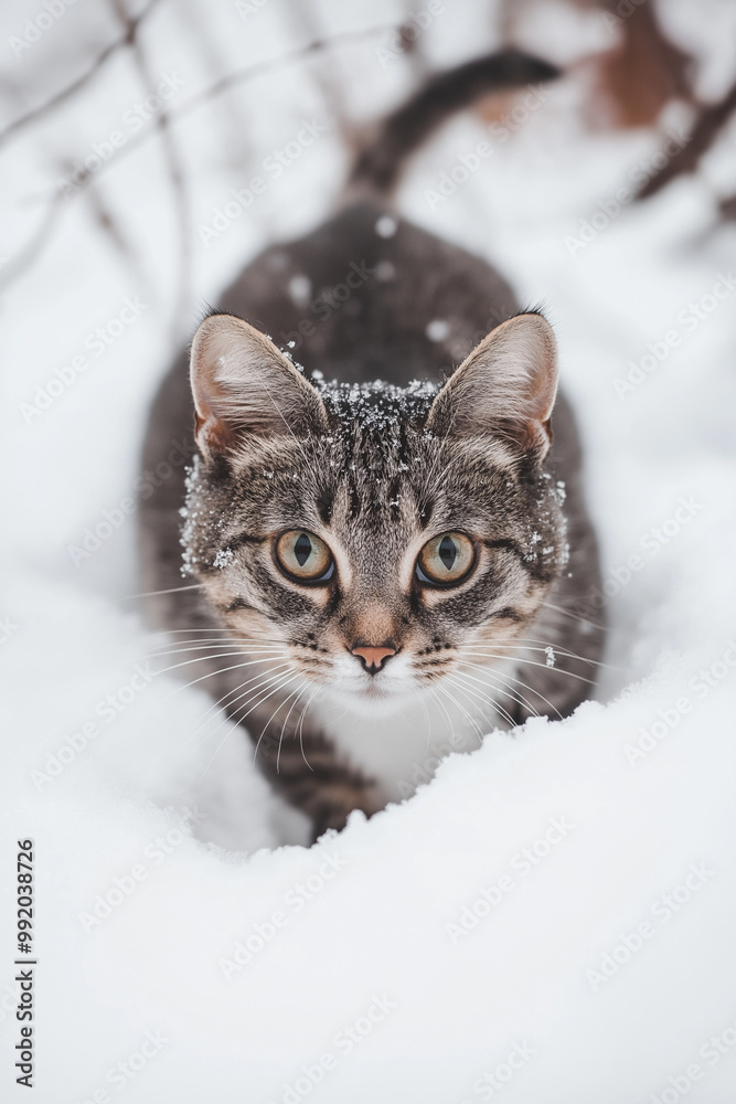 Tabby cat exploring snowy landscape with snowflakes on its fur, looking intently Tabby cat exploring snowy landscape with snowflakes on its fur, looking intently