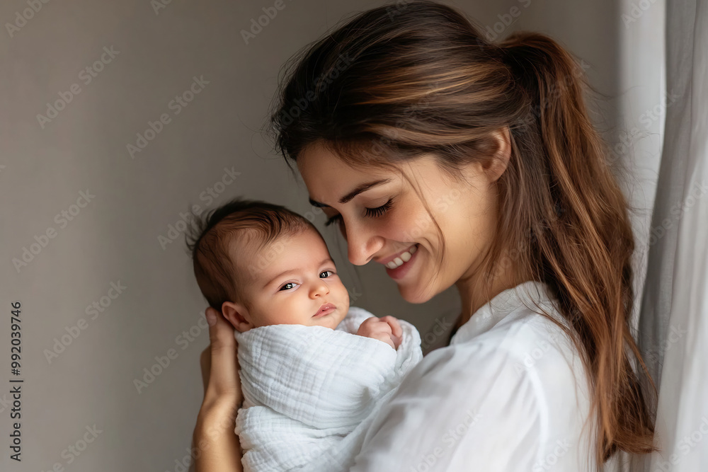 Loving mother holding her smiling baby close, sharing a tender moment in a softly lit room Loving mother holding her smiling baby close, sharing a tender moment in a softly lit room