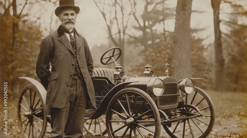 Vintage photo of a man on the background of the world's first car. Vintage photo with a car and its owner in nature