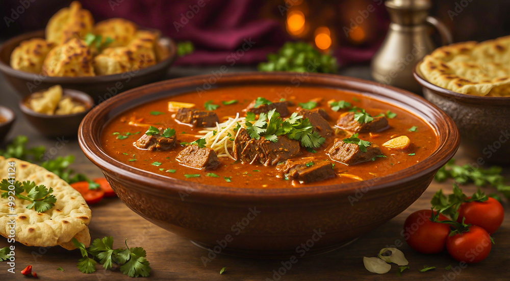 bowl of nihari, a flavorful stew made with tender meat, spices, and a rich broth, promoting healthy eating and balanced nutrition bowl of nihari, a flavorful stew made with tender meat, spices, and a rich broth, promoting healthy eating and balanced nutrition