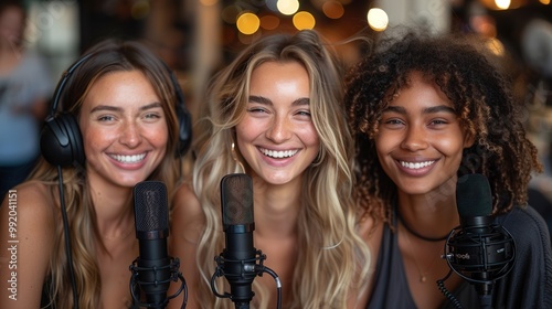 Three women are smiling in podcast
