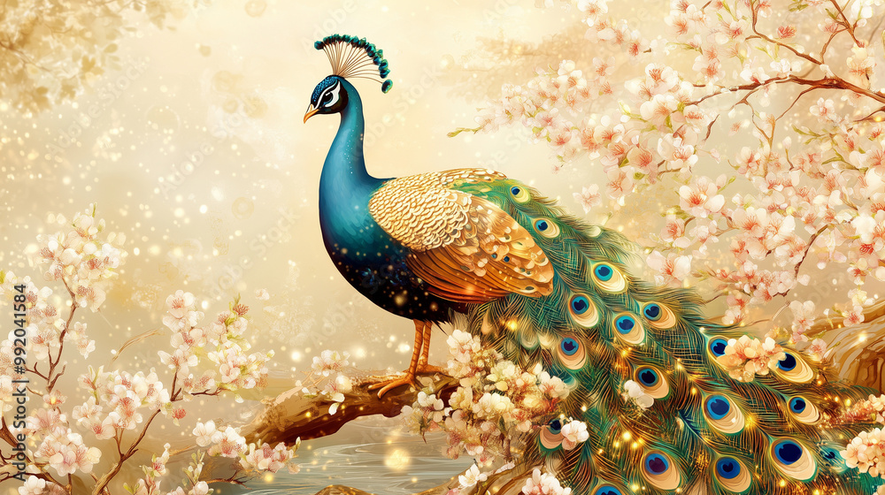 Fototapeta premium Majestic Peacock Perched on Tree Branch with Blooming Flowers, Elegant Scene