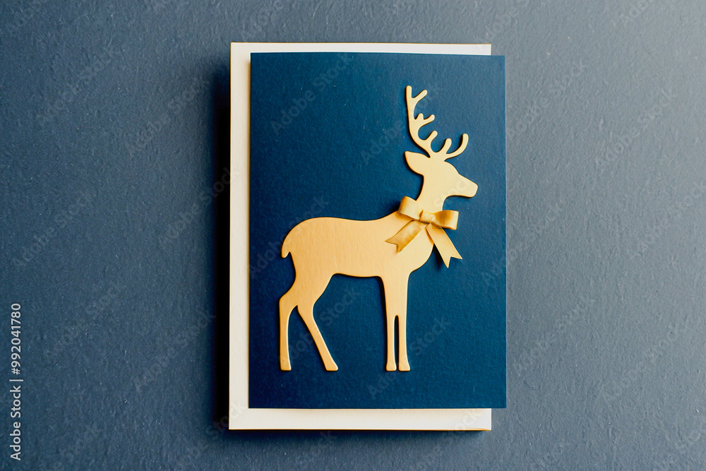 Minimalist Reindeer Silhouette. A sleek, stylized reindeer silhouette in gold, positioned against a matte, deep navy blue background Minimalist Reindeer Silhouette. A sleek, stylized reindeer silhouette in gold, positioned against a matte, deep navy blue background