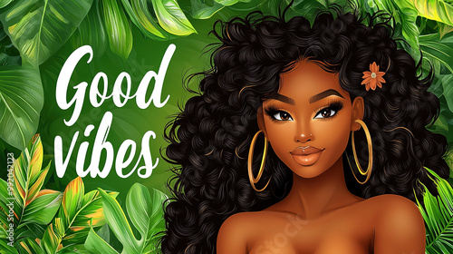Beautiful black woman surrounded by tropical plants and good vibes text