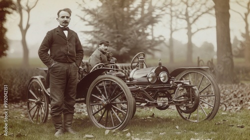 Vintage photo of a man on the background of the world's first car. Vintage photo with a car and its owner in nature