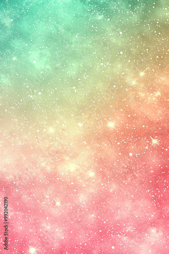 Abstract pink and green watercolor galaxy background with stars