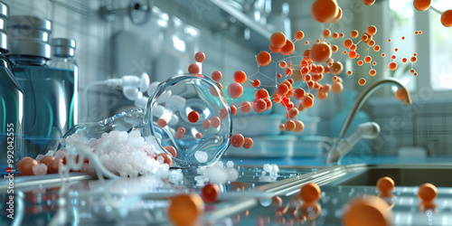 Spilled Glass with Floating Spheres in Kitchen Setting, Abstract Visualization ,  water vapor molecules are lighter than oxygen and nitrogen molecules