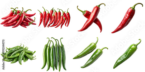 Vibrant Collection of Green and Red Hot Peppers on Transparent Background: Perfect for Culinary Designs, Food Photography, and Creative Projects – Add a Spicy Touch to Your Visuals.