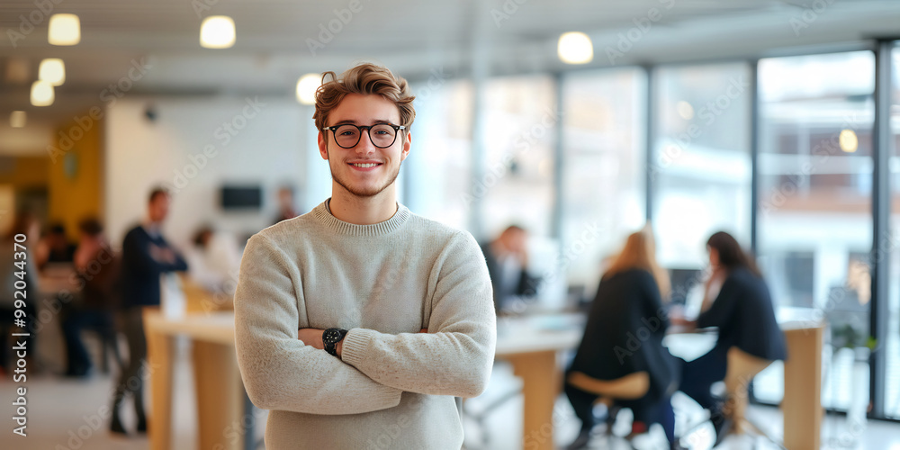 Smiling young professional in a modern open office, exuding confidence and readiness for career success Smiling young professional in a modern open office, exuding confidence and readiness for career success