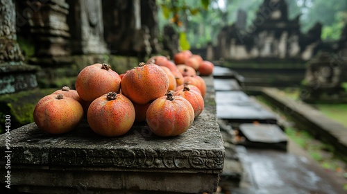 Sugar apples arranged a stone bench in a historical temple courtyard with ancient stone carvings softly blurred giving a sense of tradition and reverence Scientific name Annona squamosa photo