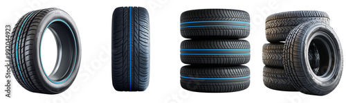 Versatile Collection of Car Tires on Transparent Background: Showcase Various Styles and Designs, Ideal for Automotive Projects, Marketing Materials, and Creative Designs.