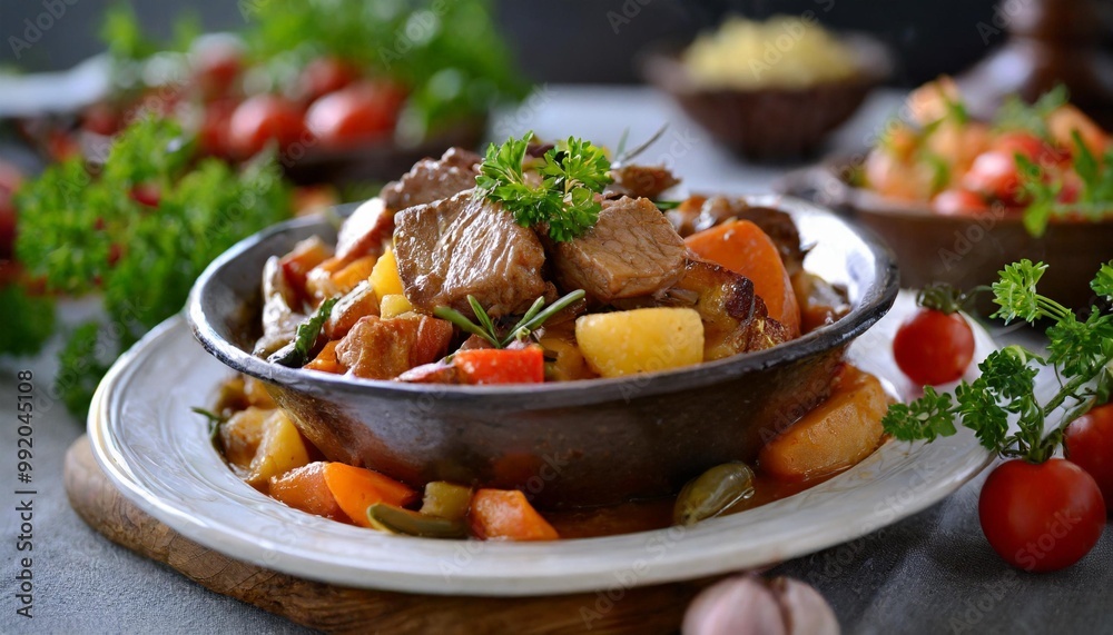 Hearty dinner stews with depth of field featuring tender meats and flavorful vegetables Hearty dinner stews with depth of field featuring tender meats and flavorful vegetables
