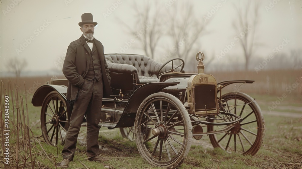 Vintage photo of a man on the background of the world's first car ...