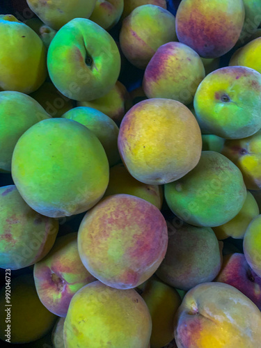 colorful South American fruits and vegetables, tubers, red, yellow, green, banana, potato, fruit