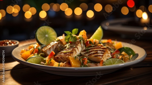 Sweet lime salsa served grilled fish tropical mango slices private beachfront dinner sound of gentle waves tiki torches softly lighting area promoting fresh coastal meal Scientific name Citrus limetta photo