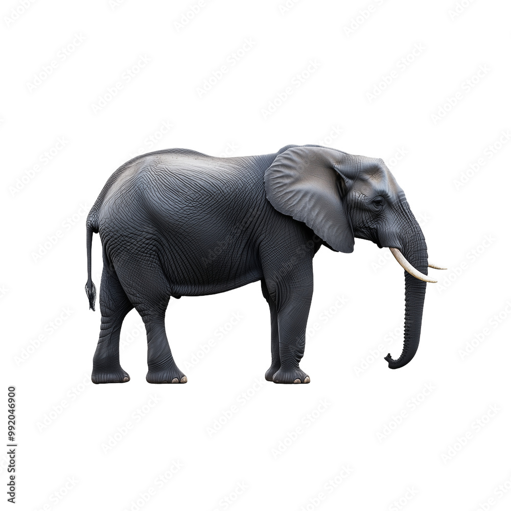 Fototapeta premium Large African elephant with tusks walking isolated on transparent background