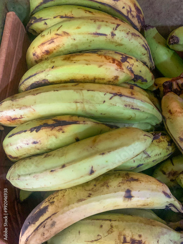 colorful South American fruits and vegetables, tubers, red, yellow, green, banana, potato, fruit