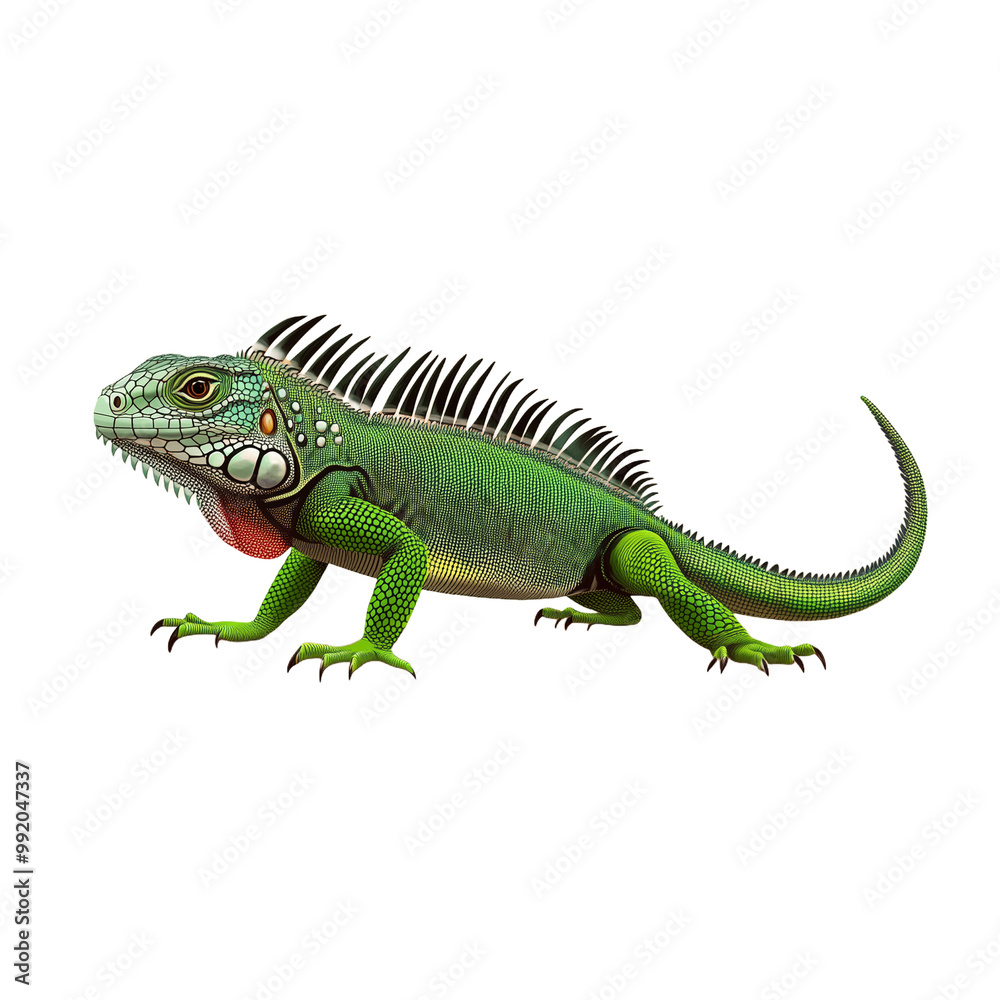 Fototapeta premium Iguana with green scaly skin standing isolated on transparent background