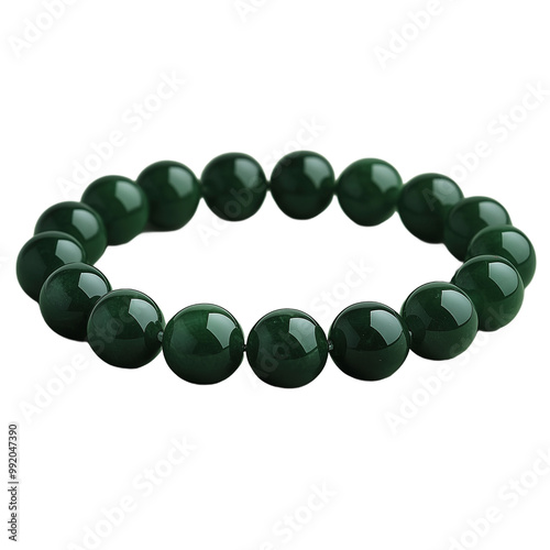 Green jade beaded bracelet with round polished stones isolated on transparent background photo