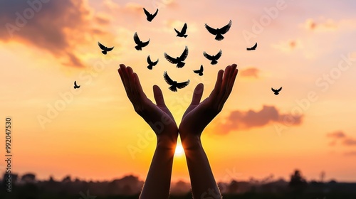 Embracing Freedom: Double Exposure of Hand Transforming into Birds Signifying Spiritual Liberation and Connection with the Universe