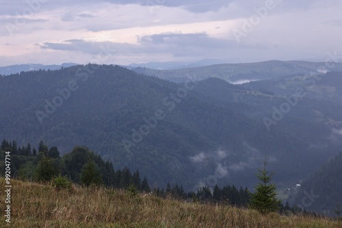 Picturesque view of beautiful mountains covered with fog