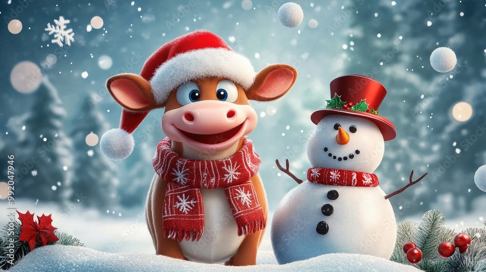 A happy cartoon cow in a Santa hat and scarf, standing beside a snowman with Christmas decorations all around. A happy cartoon cow in a Santa hat and scarf, standing beside a snowman with Christmas decorations all around.