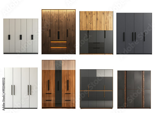 Elegant Collection of Modern Wardrobes Made from Premium Materials on Transparent Background: Perfect for Showcasing Stylish Designs, Interior Decor Projects, and Furniture Marketing Inspiration.
