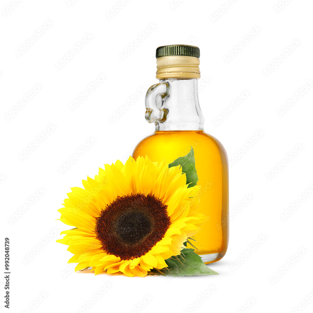 Cooking oil in glass bottle and bright sunflower isolated on white