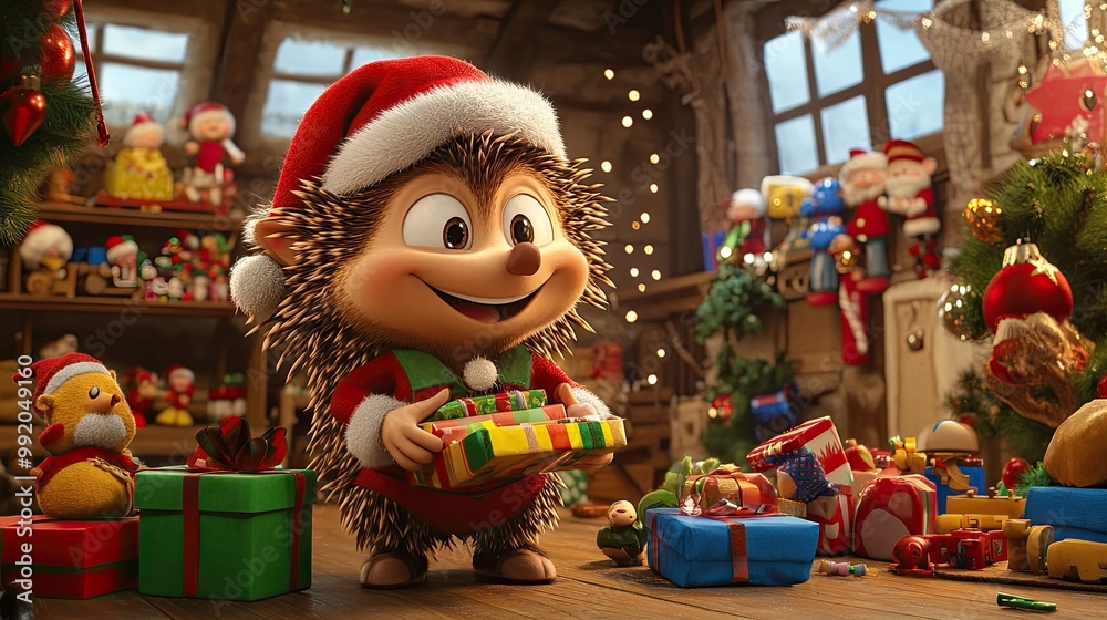 A happy cartoon hedgehog dressed as an elf, helping Santa wrap gifts in a festive workshop with toys everywhere. A happy cartoon hedgehog dressed as an elf, helping Santa wrap gifts in a festive workshop with toys everywhere.