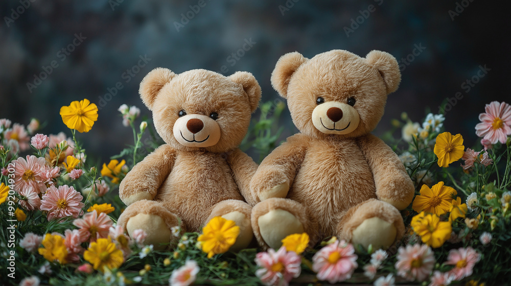 Background of fluffy teddy bears and colorful flowers Background of fluffy teddy bears and colorful flowers