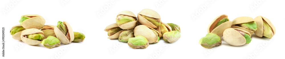 Fototapeta premium Delicious pistachios isolated on white, set. Tasty nut
