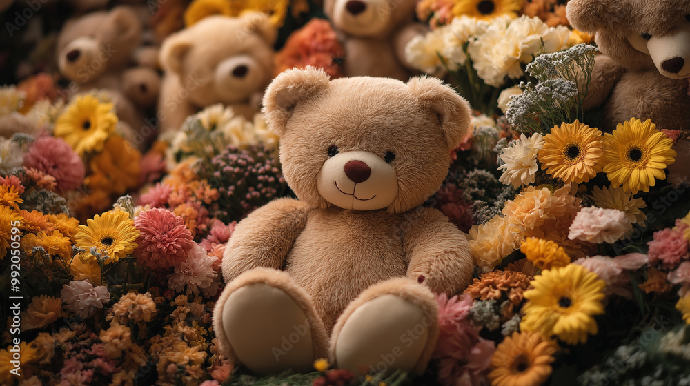 Background of fluffy teddy bears and colorful flowers Background of fluffy teddy bears and colorful flowers