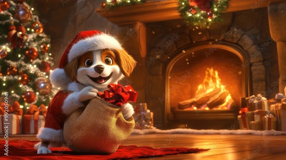 Naklejka premium A joyful cartoon dog dressed as Santa Claus, carrying a sack of gifts in front of a cozy fireplace decorated for Christmas.