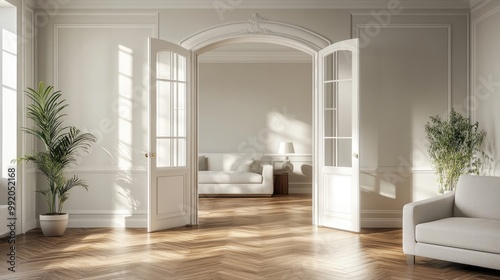 Living room interior with opened doors 3d rendering