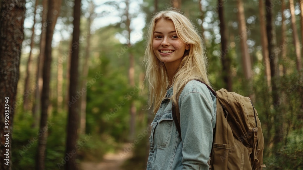 In the summer forest, a charming young blonde smiles broadly and strolls with joy. In the summer forest, a charming young blonde smiles broadly and strolls with joy.
