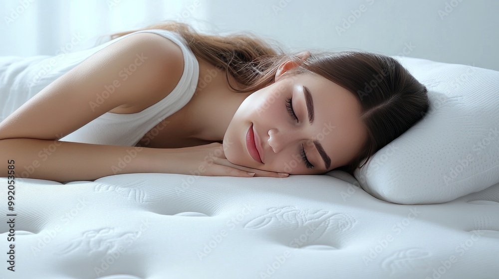 A young lady resting on a plush mattress against a white backdrop A young lady resting on a plush mattress against a white backdrop