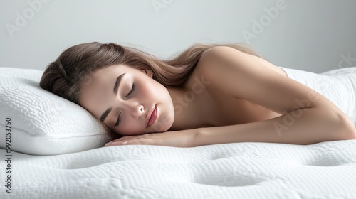 A young lady resting on a plush mattress against a white backdrop