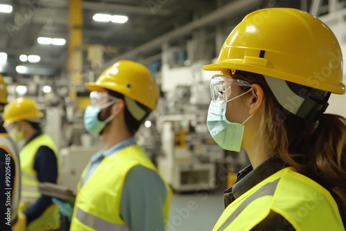 Factory workers wearing safety gear and masks, focused on operations in an industrial setting