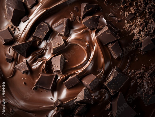 Texture sfondo di cioccolato liquido e sciolto con pezzi di cioccolato a cubetti fondente e al latte