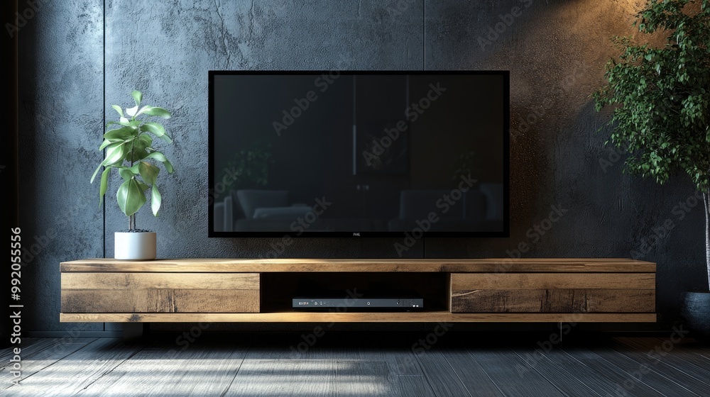 Fototapeta premium Minimalistic TV stand with clean lines and natural textures