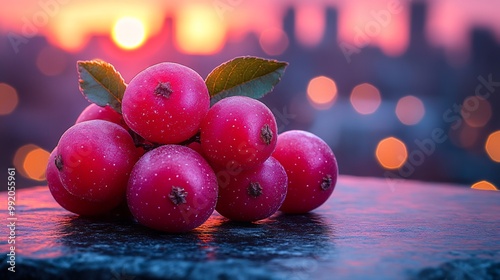 Fototapeta Naklejka Na Ścianę i Meble -  Miracle fruits resting polished stone table a rooftop caf with a vibrant sunset and city skyline softly blurred behind creating a sense of luxury and urban appeal Scientific name Synsepalum dulcificum
