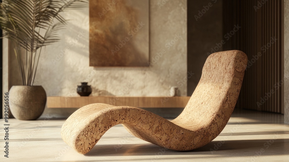 Modern cork lounge chair with a sleek, eco-conscious design and neutral tones Modern cork lounge chair with a sleek, eco-conscious design and neutral tones