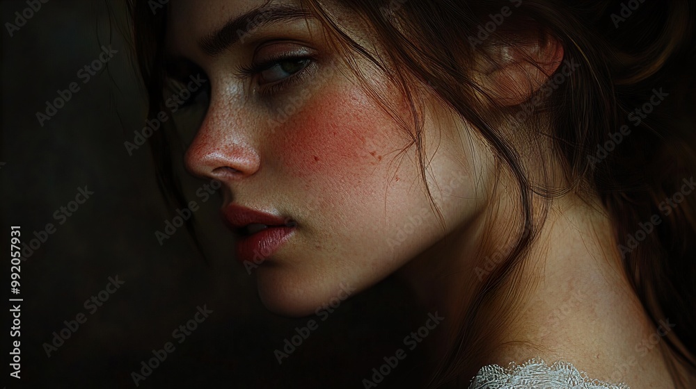 Portrait of a Woman with Red Cheeks and Intriguing Gaze Portrait of a Woman with Red Cheeks and Intriguing Gaze